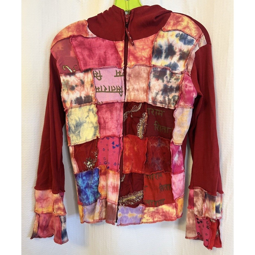 VTG Y2K Red Patchwork Womens Zip Up Hoodie XL Boho Hippie Tie Dye